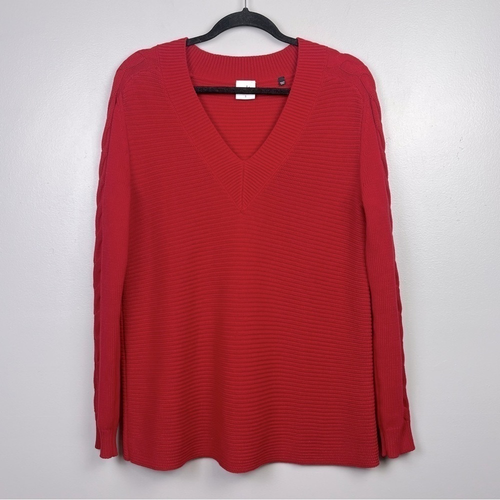 Cabi 3714 red Standout Pullover vneck  ribbed w/cable knit detail sweater, small - Picture 2 of 10